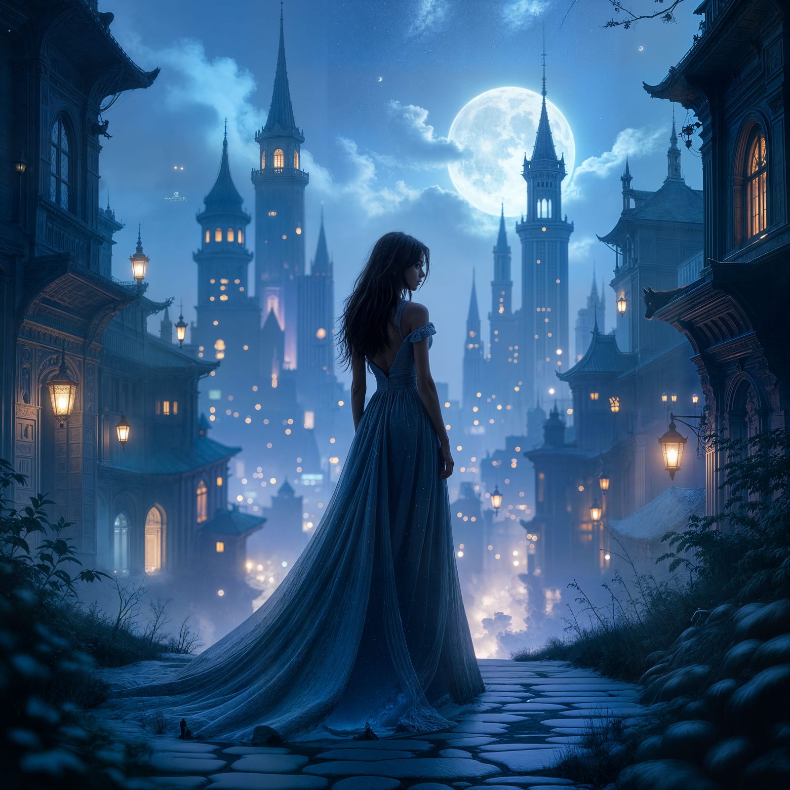 Mystical Cityscape: Woman in Eternal Night