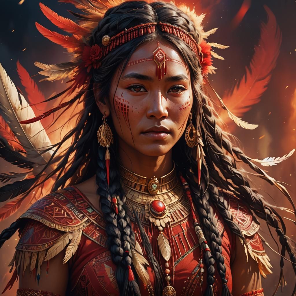 Native Woman in Red Dress: Detailed Digital Portrait