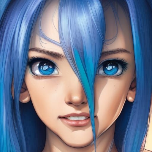 Beautiful Blue-Haired Girl on the Beach