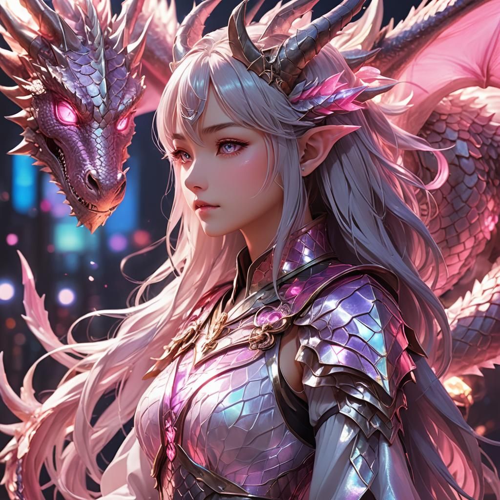 Anime Dragon Girl in Soft Pink Light