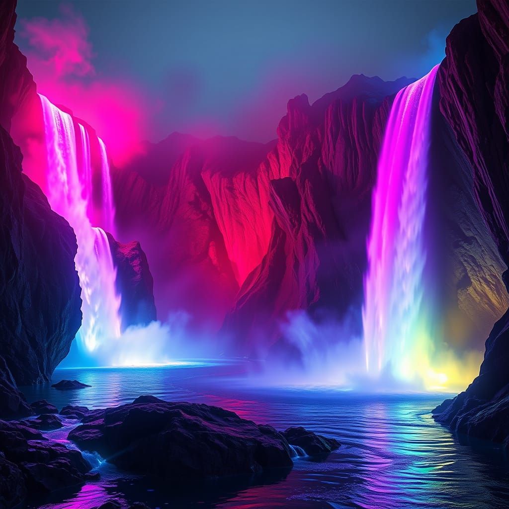 Cyberpunk Waterfalls in Vibrant Neon