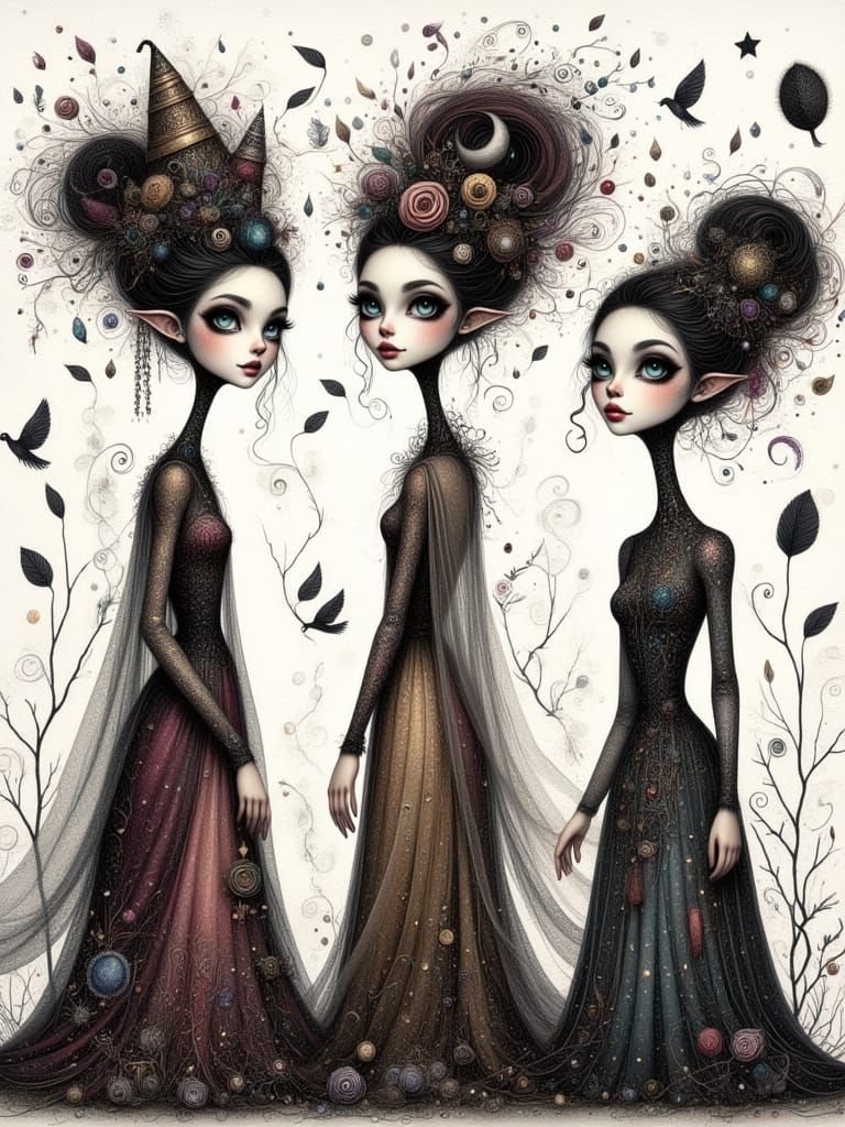 Whimsical Gothic Figures in Ethereal Illustration