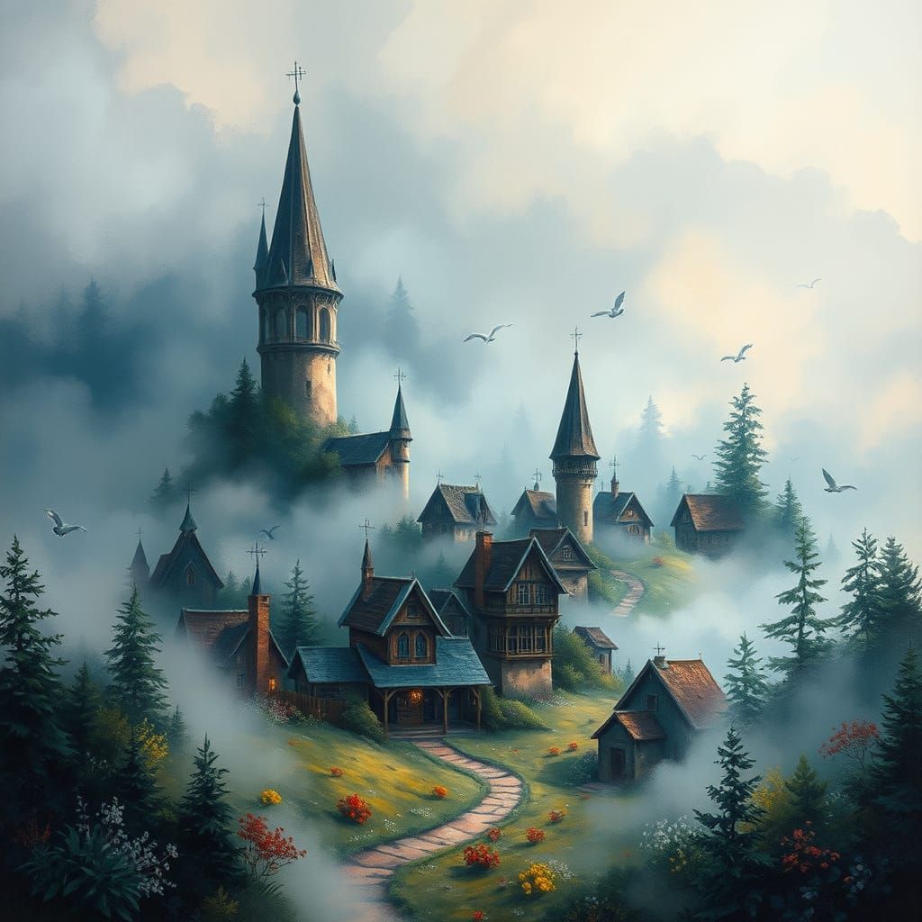 Whimsical Misty Village in Neo-Impressionist Style