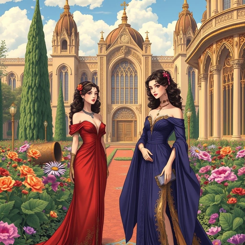 Elegant Women in Opulent Gardens, Art Nouveau Style
