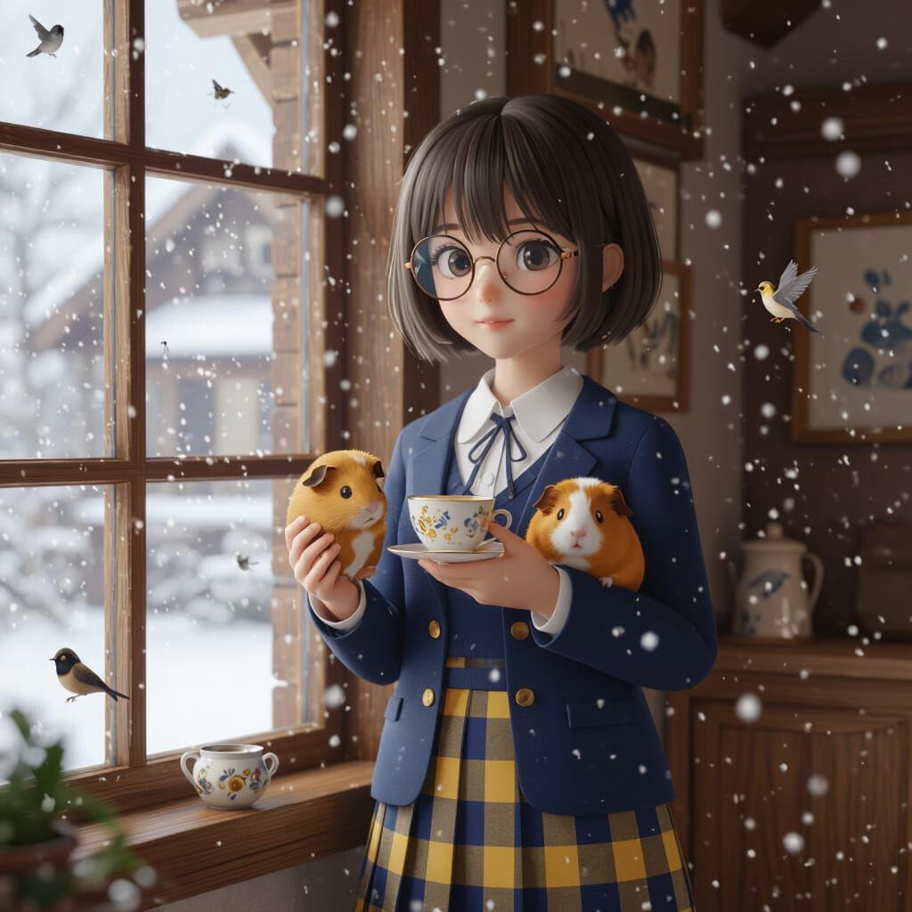 Anime Girl with Guinea Pig and Tea in Snowy Rustic Home