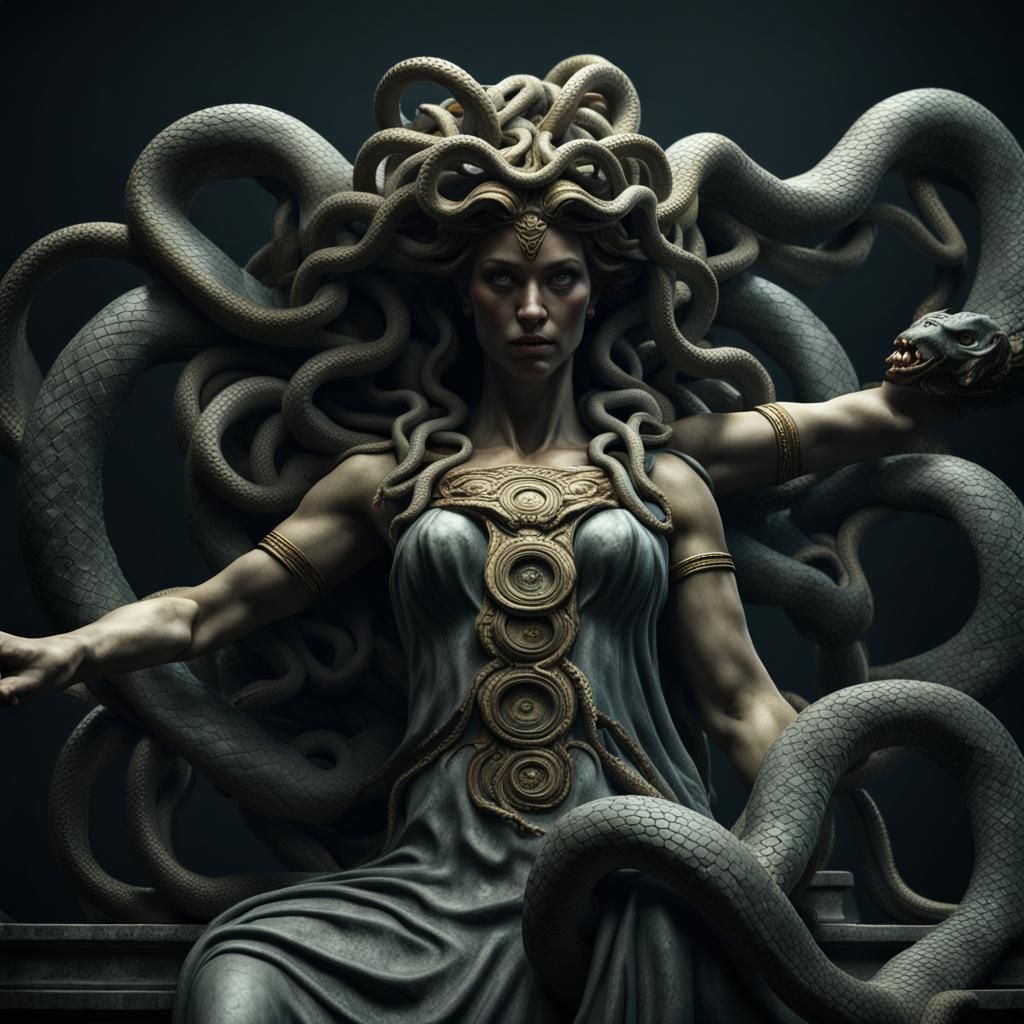 Medusa Stone Statue with Snakes in Black