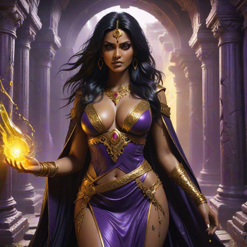 Dark Fantasy Sorceress in Ancient Ruin