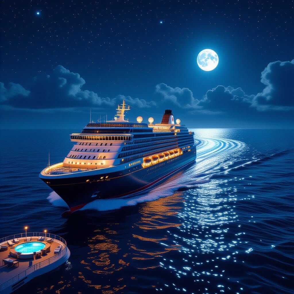 Illuminated Cruise Ship Under Starry Night Sky