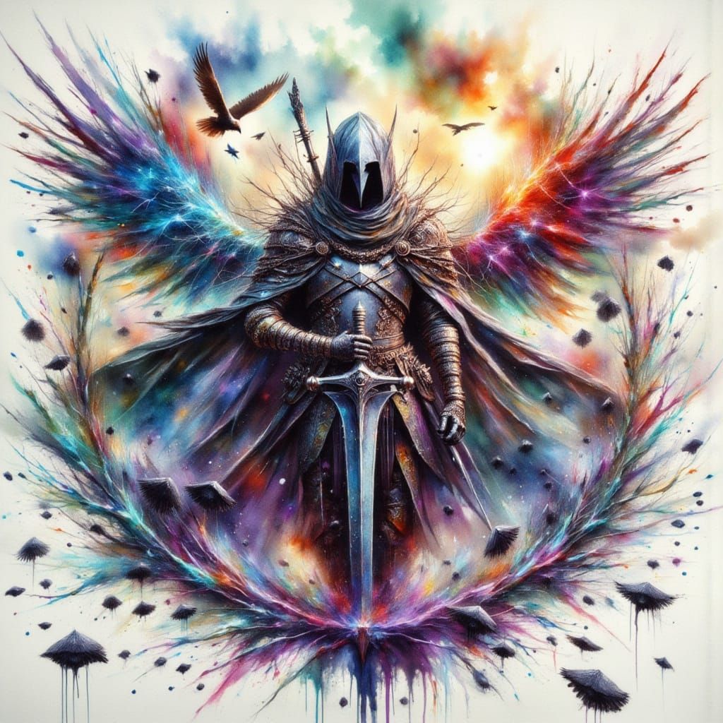 Cyberpunk Knight in Dreamy Virtual Reality, Watercolor Style