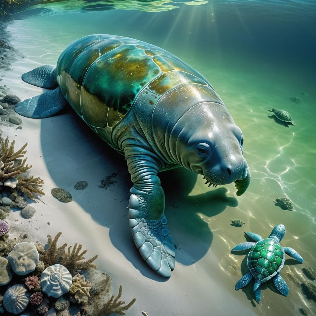 Alien Manatee Creature on Exoplanet Shoreline