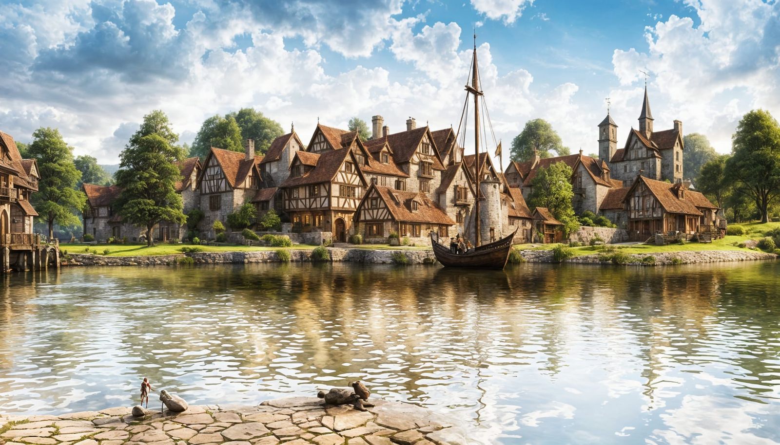Medieval Lakeside Town with Stone Holdfast: Digital Matte Pa...