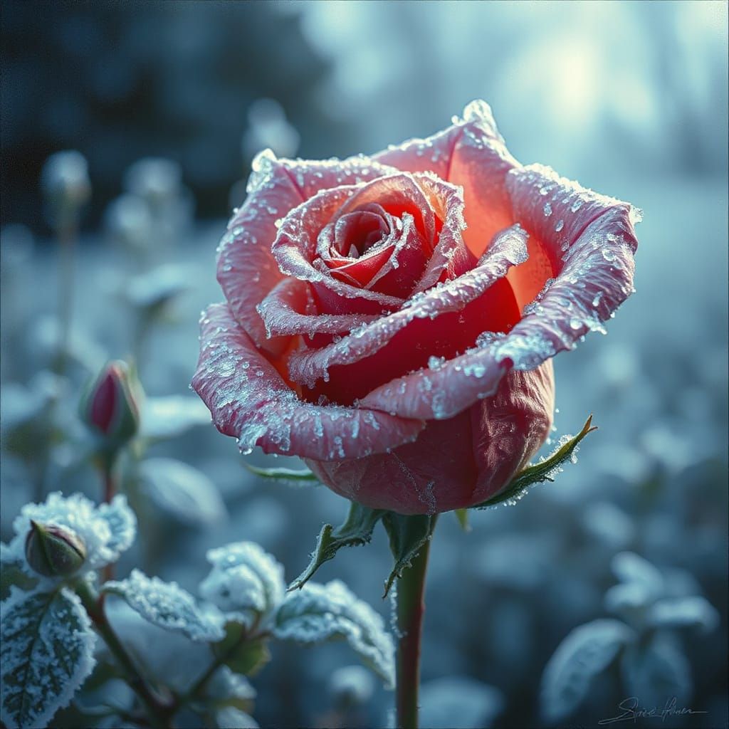 Hyperrealistic Frozen Rose in Crystal Ice Garden