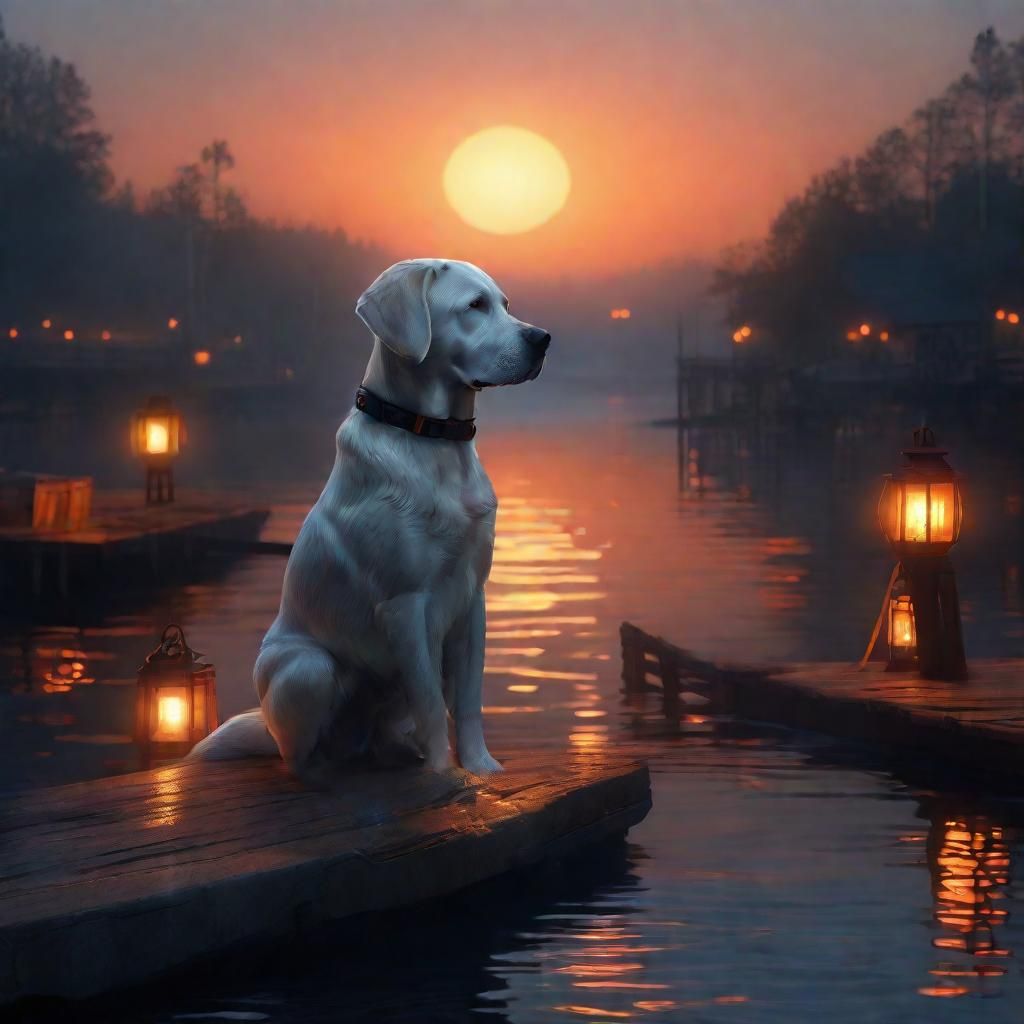 Silver Labrador on Misty Dock: Fantasy Concept Art