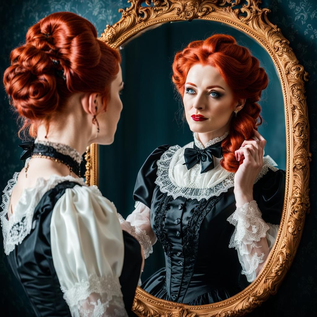 Victorian Era Woman Gazing into Antique Mirror