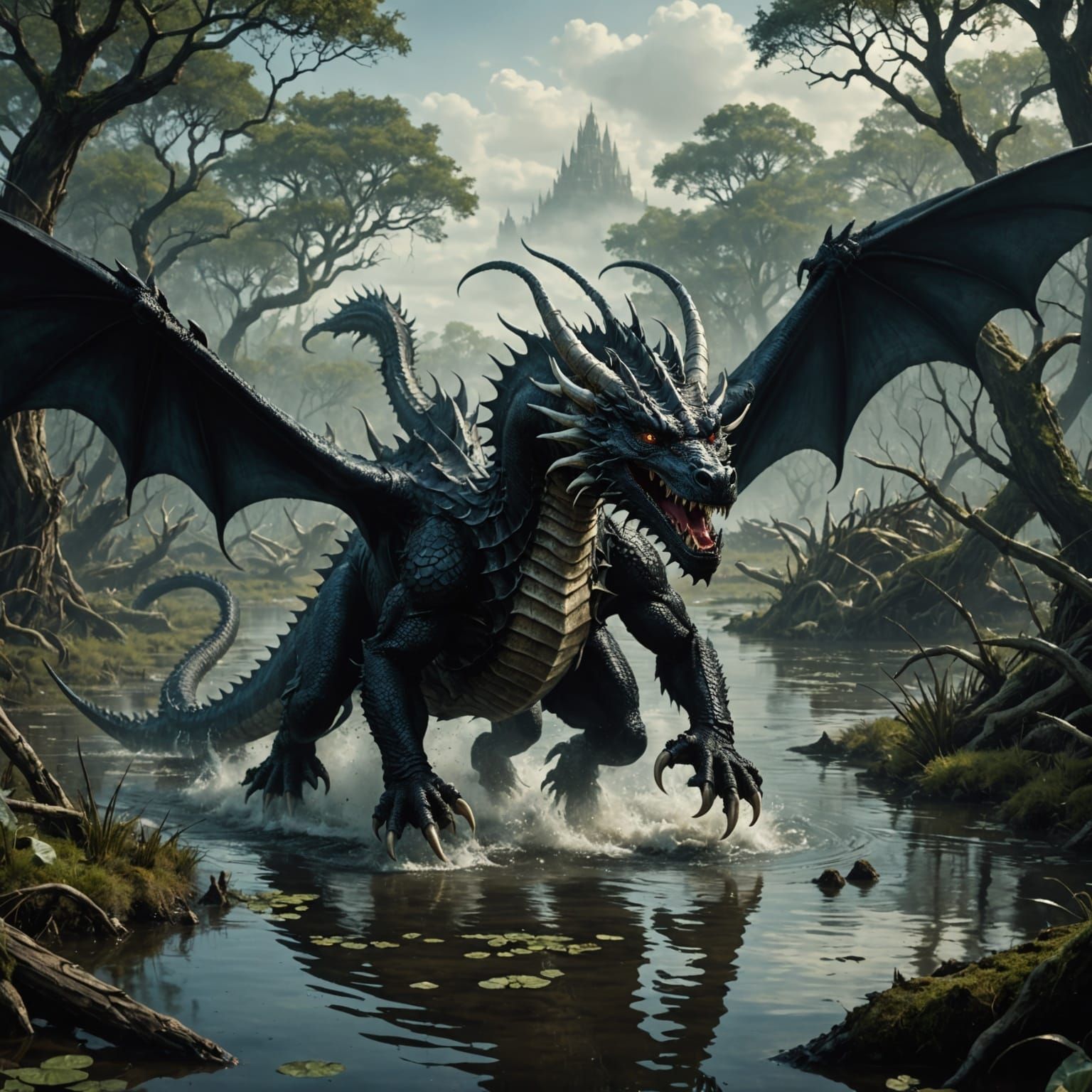 Majestic Black Dragon Amidst a Dank Swamp Landscape