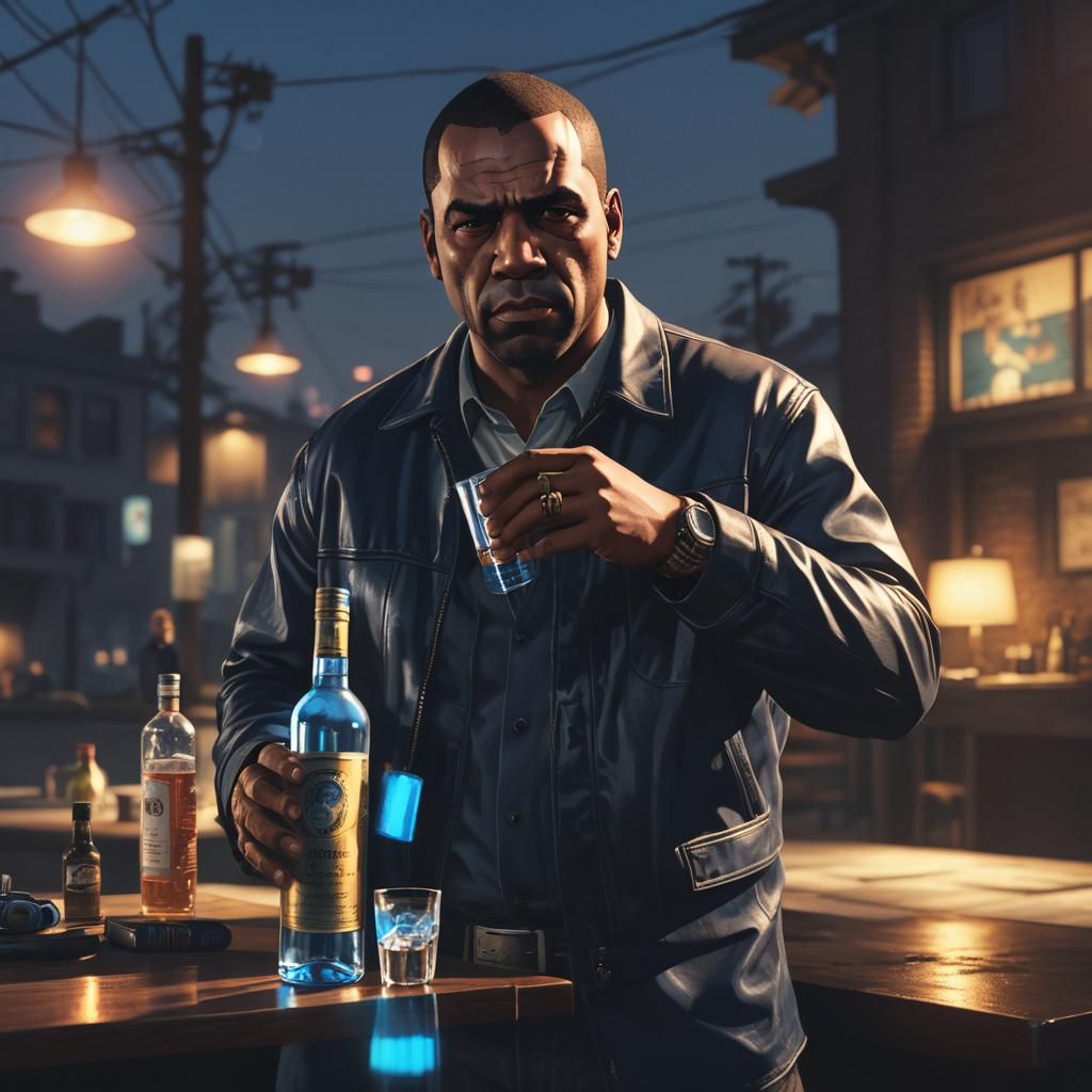 Franklin from GTA5 with Vodka Bottle: Cinematic Film Still