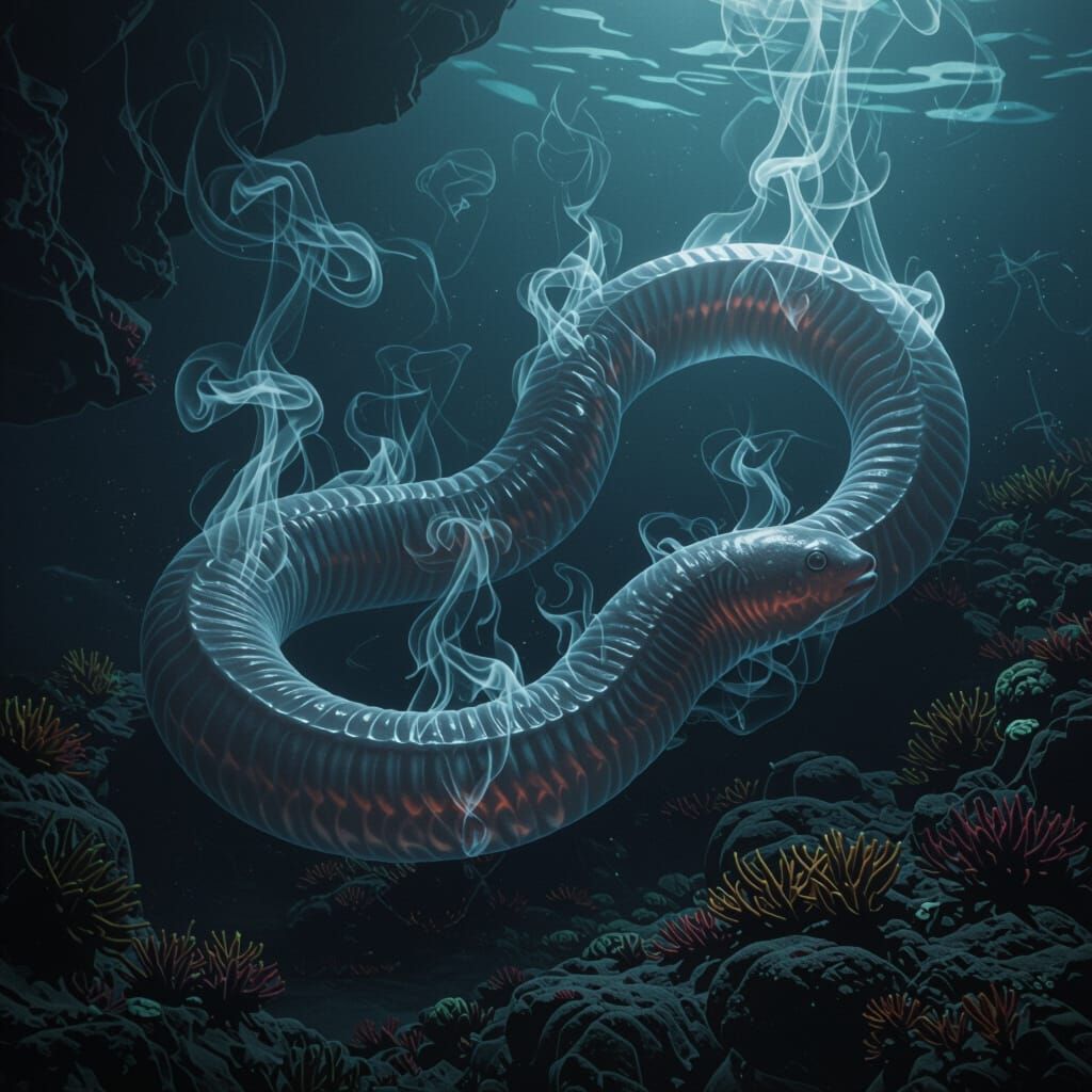 Smoke Eels in Volcanic Vent: Dark Fantasy Art