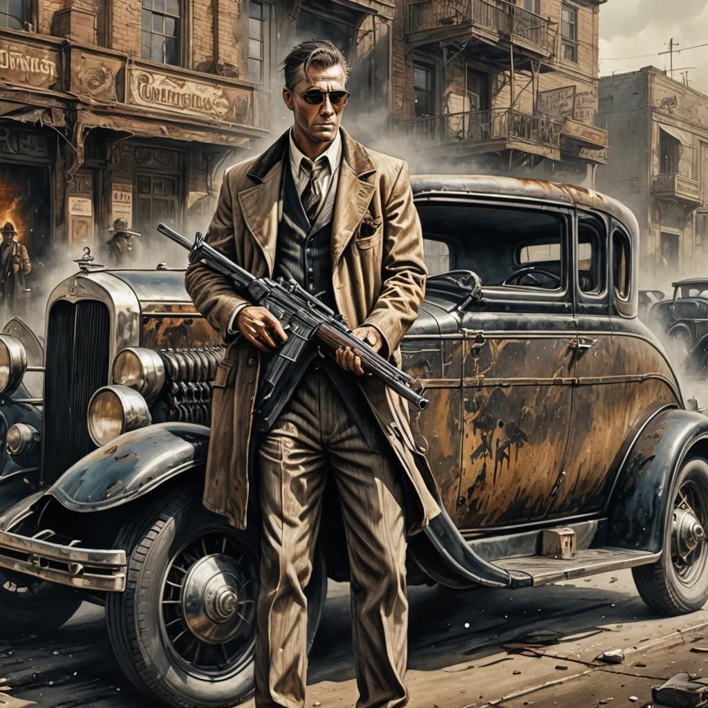 1920s Gangster with Tommy Gun, Fantasy Illustration