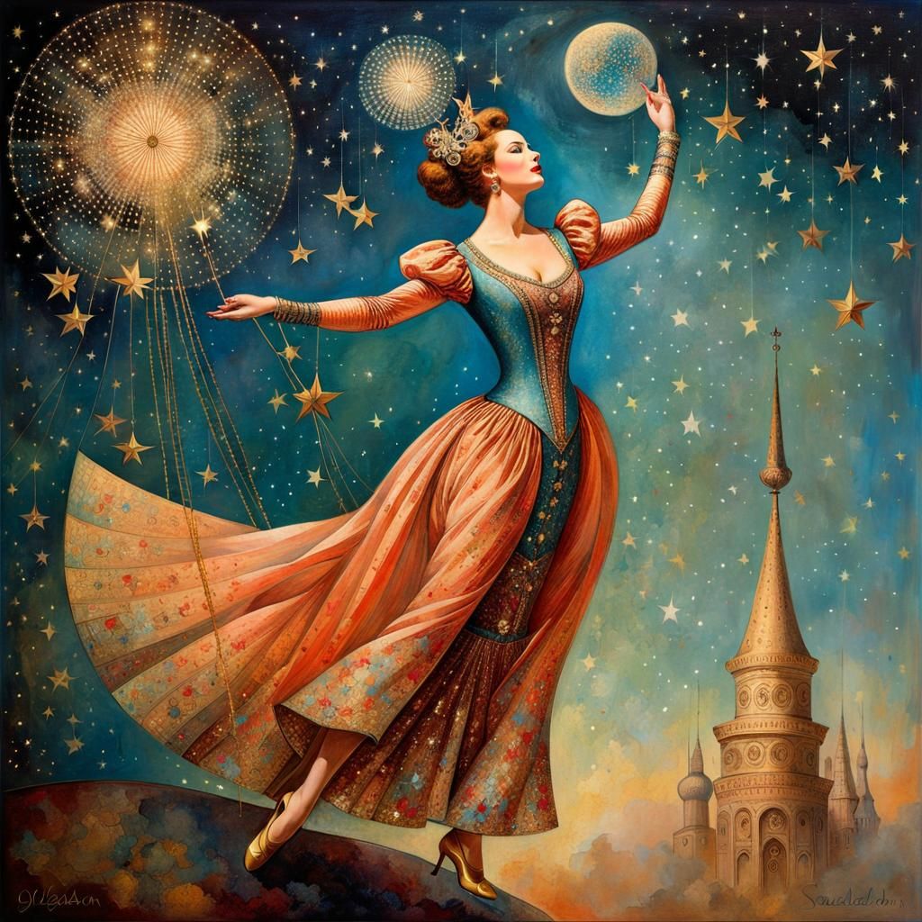 Intricate Circus Juggler Amidst Sparkling Stars