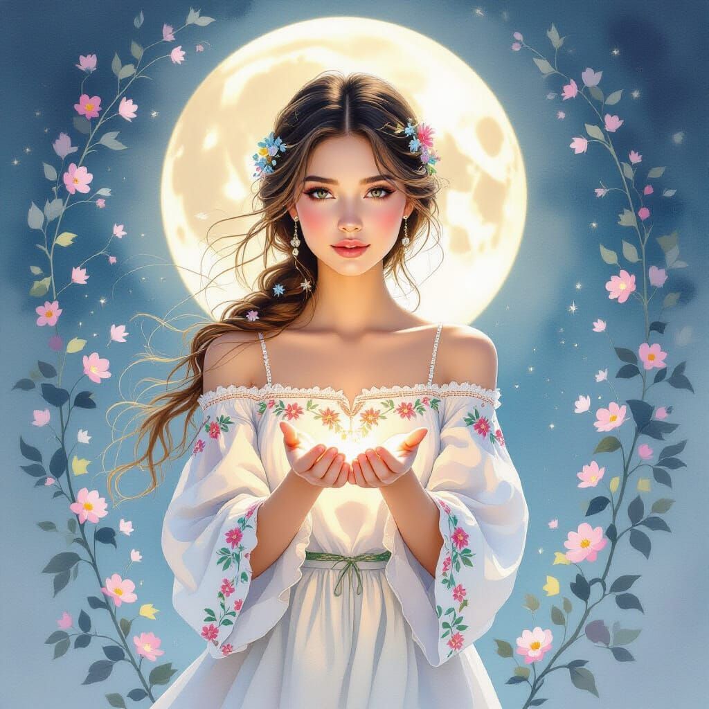 Ethereal Watercolor: Ukrainian Woman in Moonlight