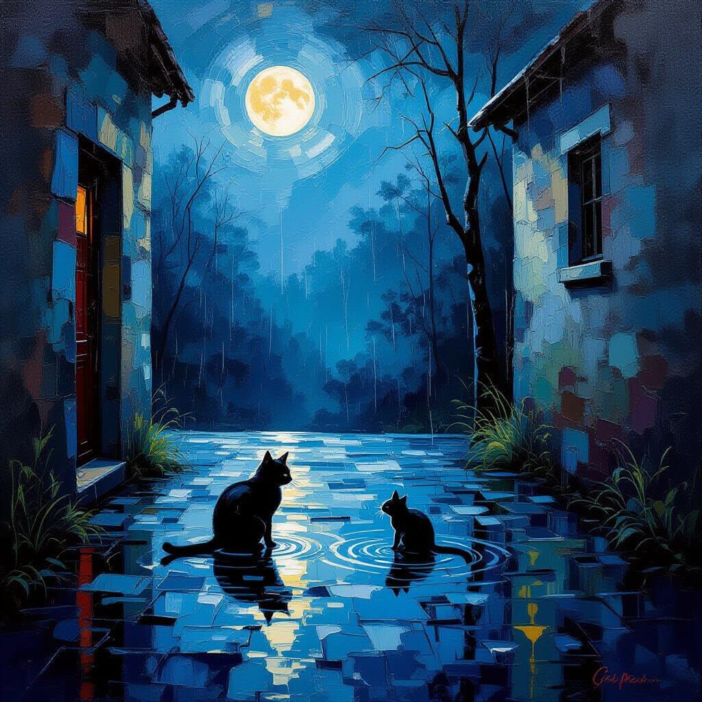 Cat and Mouse in Rainy Oil Painting