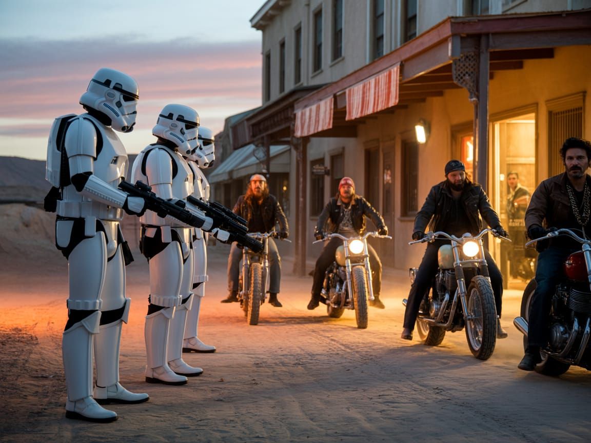 Cinematic Desert Standoff: Stormtroopers vs. Biker Gang