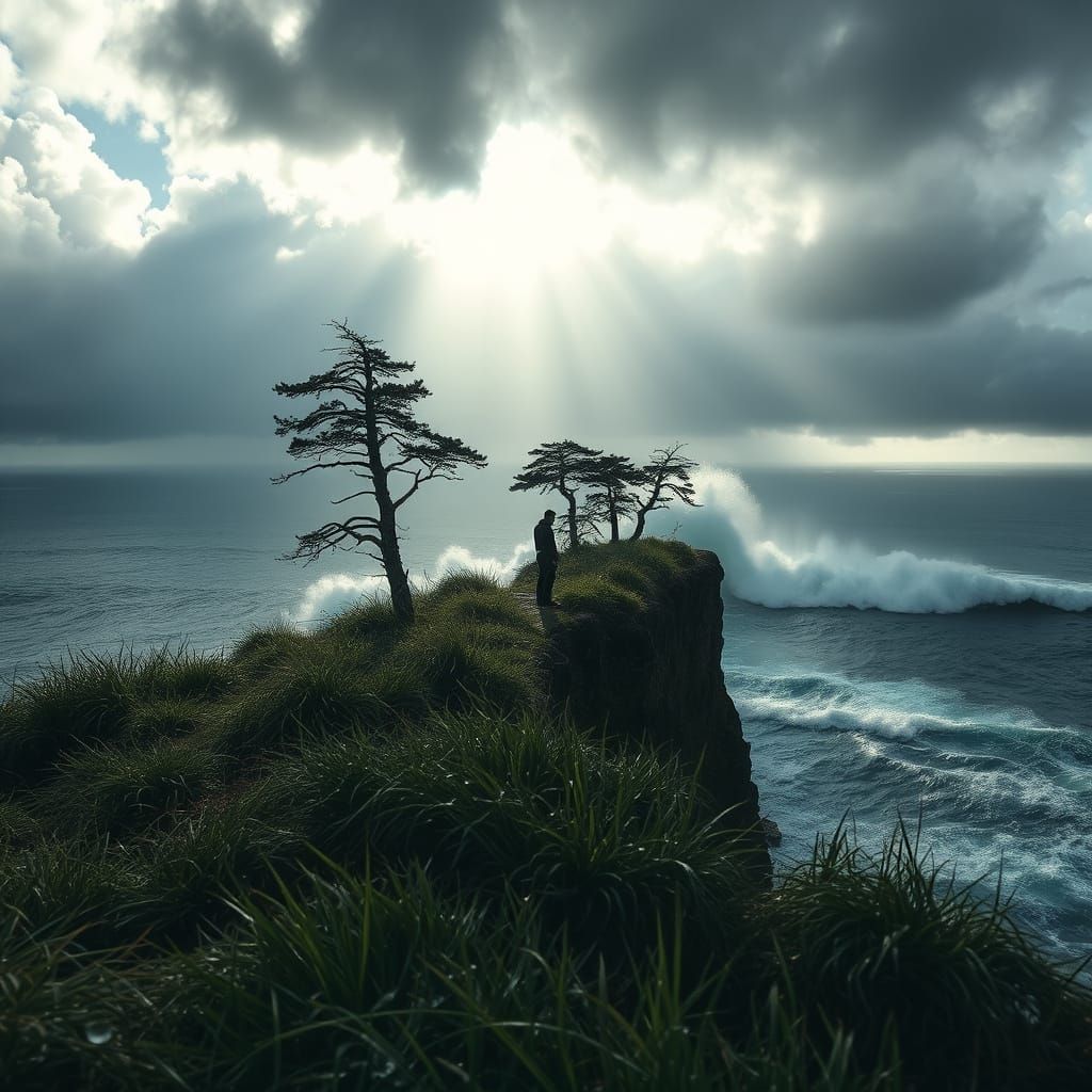 Lone Figure on Rugged Cliff Under Stormy Skies