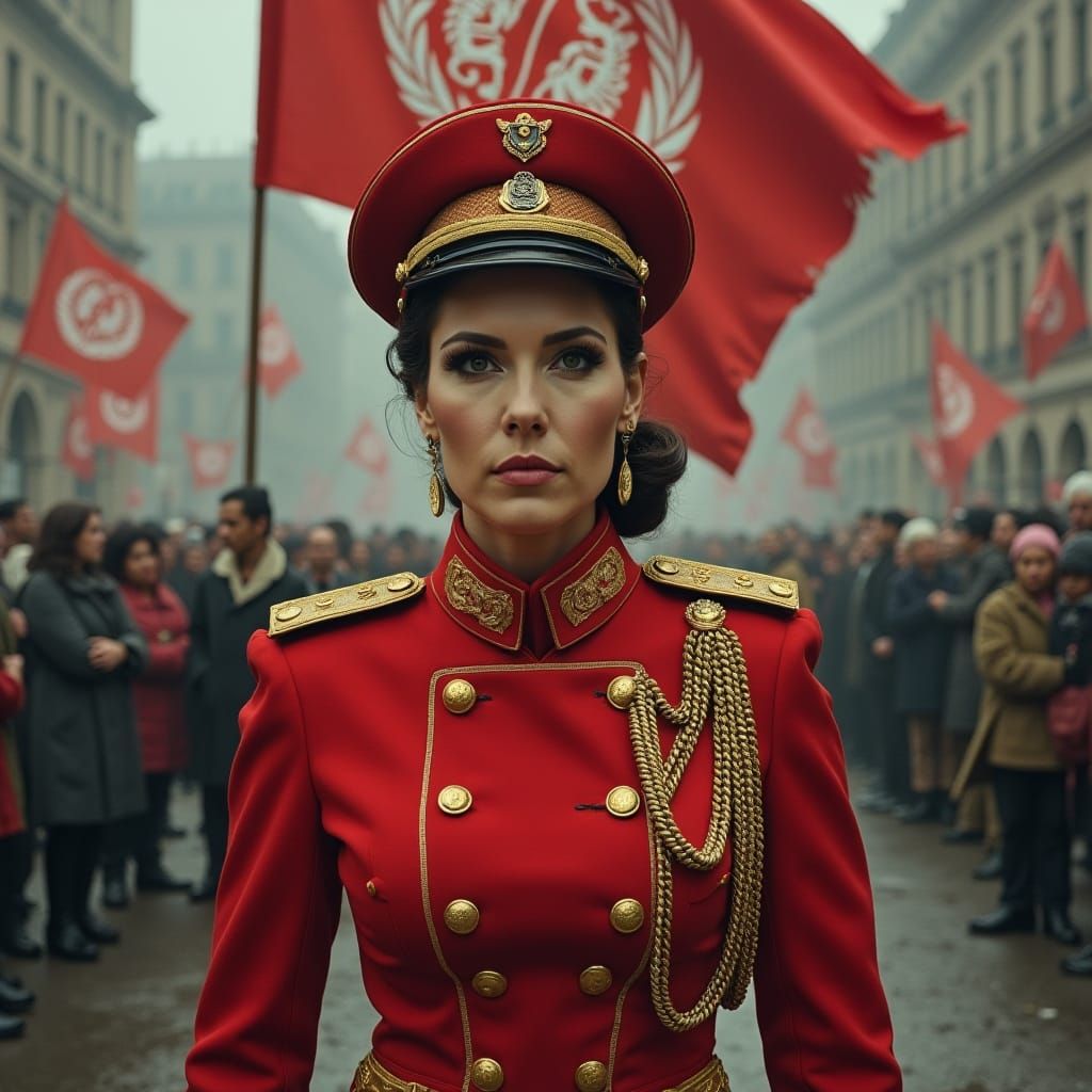 Authoritative Woman in Military Uniform with Ornate Flag
