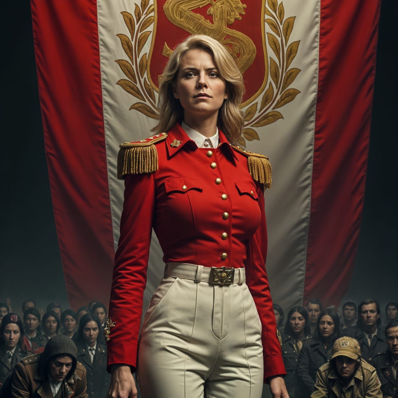 Authoritative Woman in Military Uniform with Flag