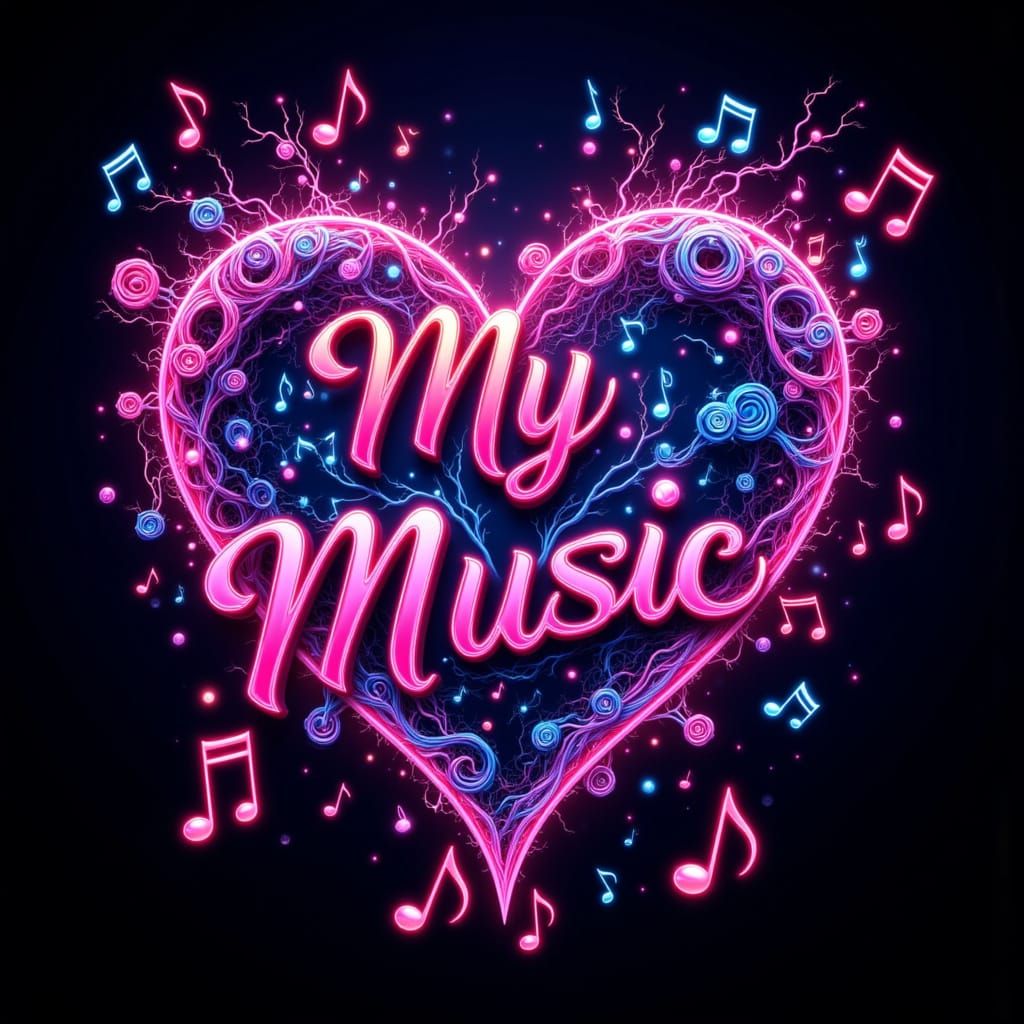 Musical Heart with Neuro Synaptic Patterns in Neon Colors