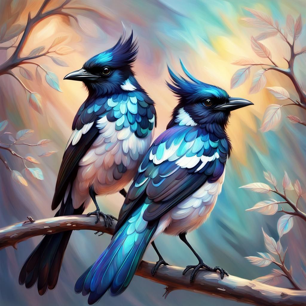 Iridescent Magpies on Branch in Impasto Style