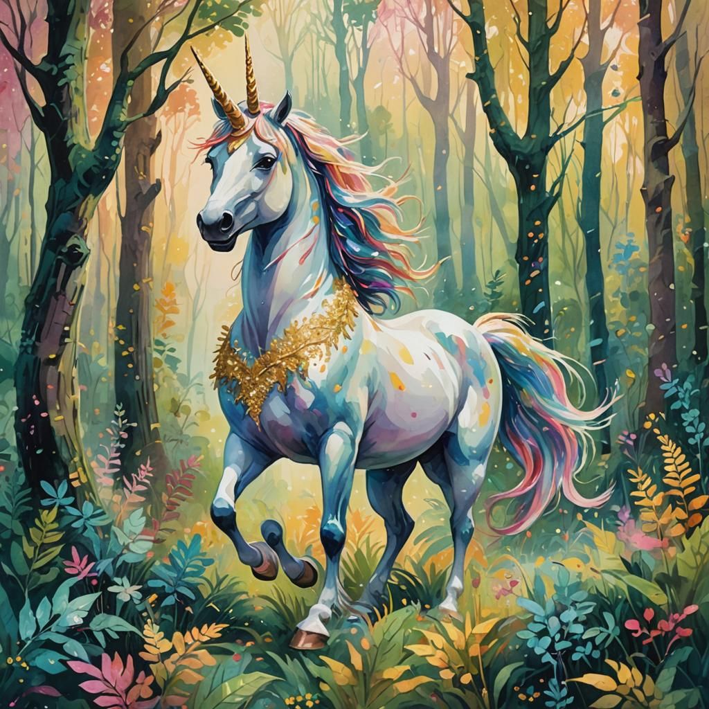 Unicorn in Fantasy Forest as Gouache Painting