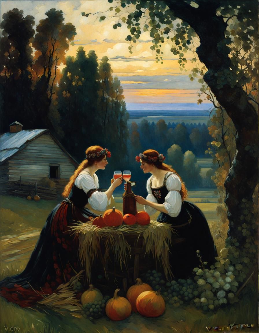 Maidens Drink in Gothic Romantic Farmstead Painting