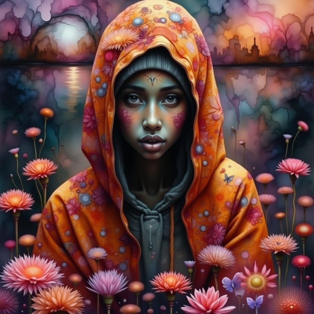 A Whimsical Watercolor Portrait of a Woman by a Serene Lake