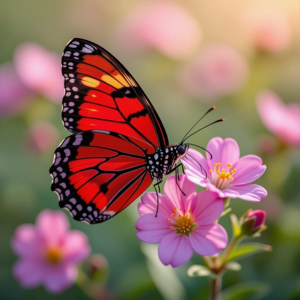Scarlet Butterfly on Pink Flowers Macro Photography