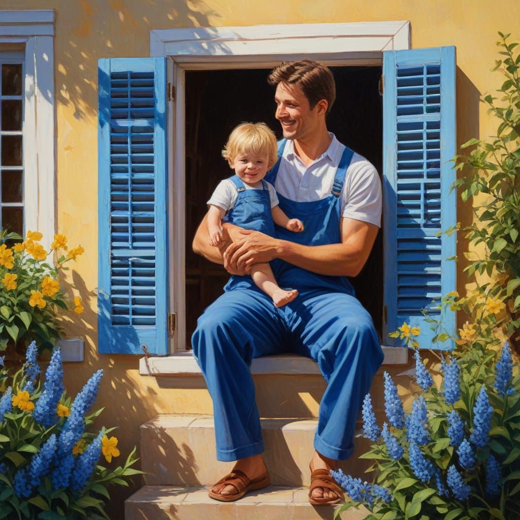 Father and Son in Garden, Impressionist Oil Painting