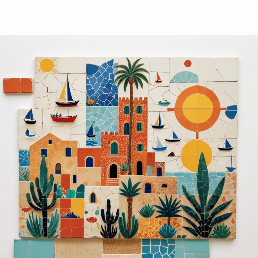 Mediterranean Village with Cobalt Boats in Mosaic Style