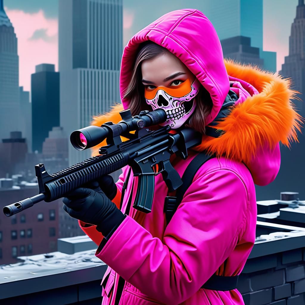 Assassin with Pink Skull Mask on New York Rooftop