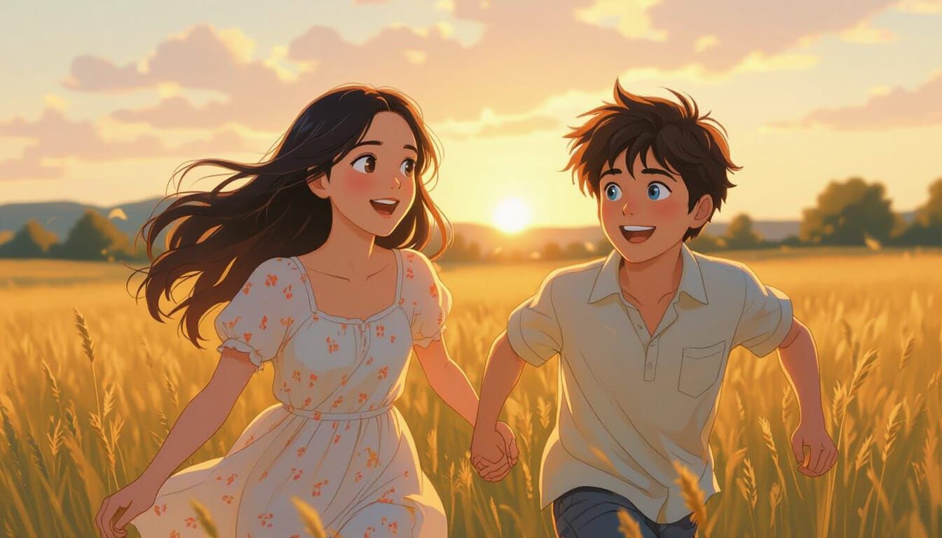 Teenagers Running in Golden Field at Sunset: Impressionistic...