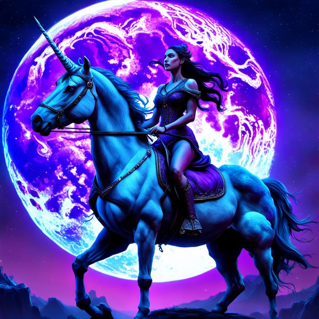 Fantasy Girl Rides Unicorn Under Moonlight, Detailed Art