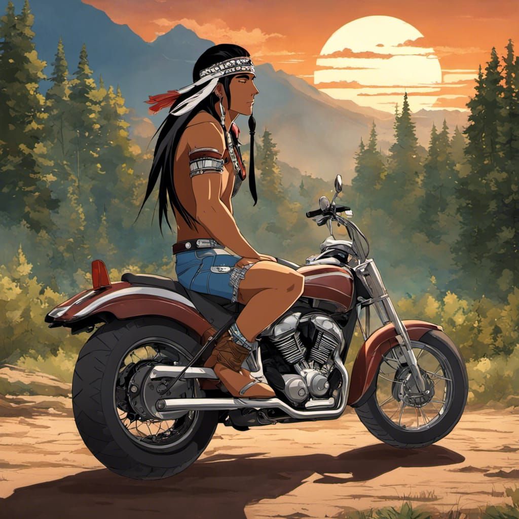 Anime Native American Man on Motorbike