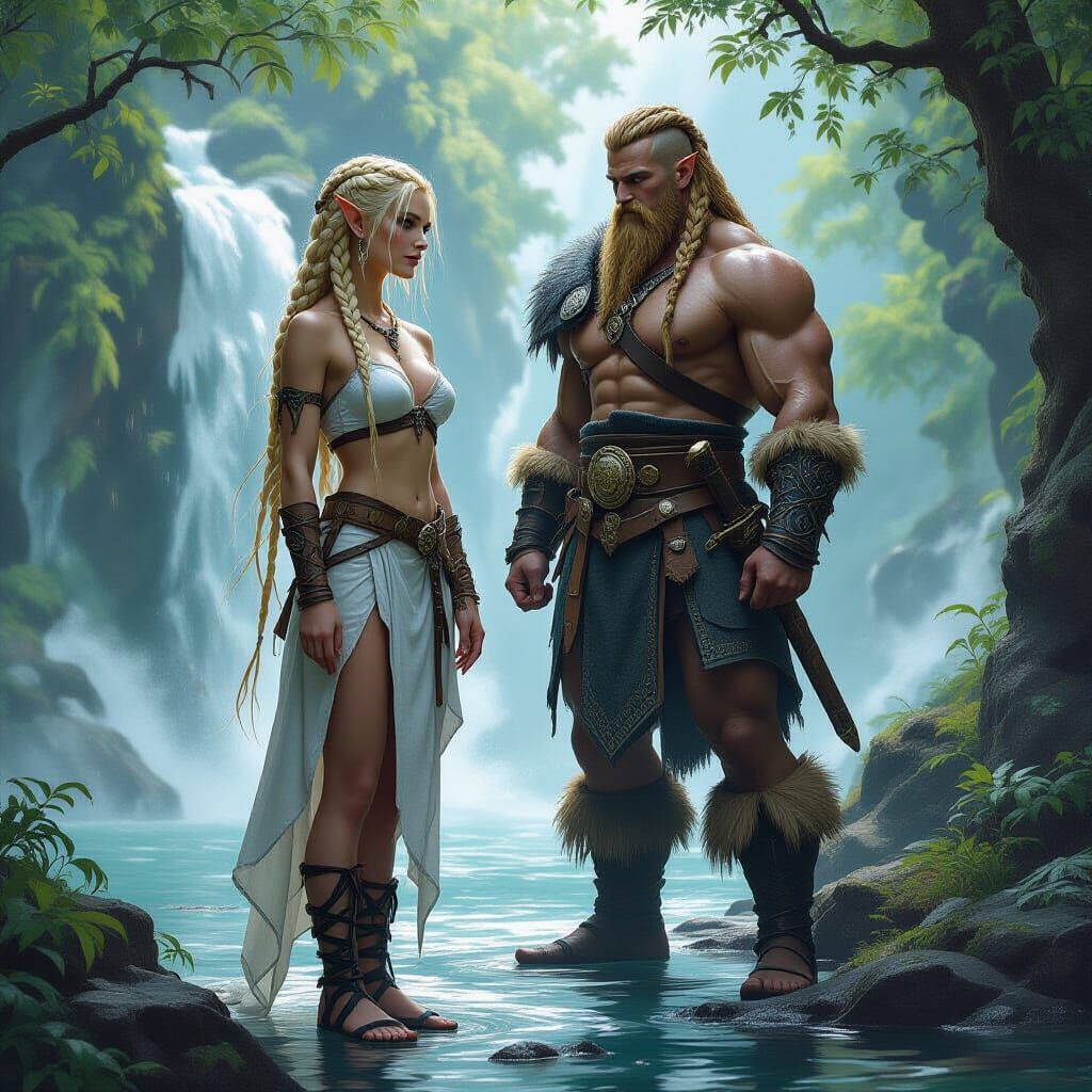 Viking Elf Warrior by Misty Waterfall in Dark Fantasy Style