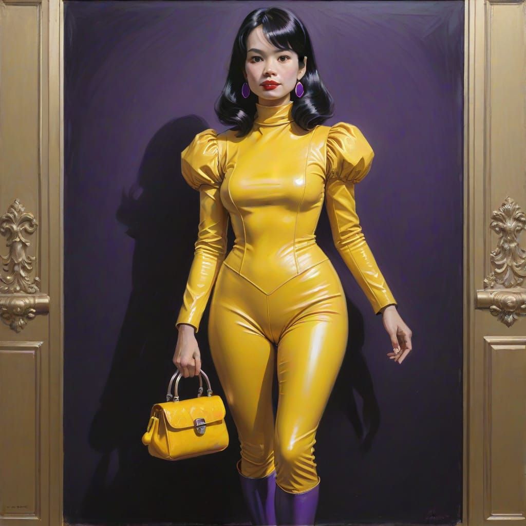 Attractive Woman in Purple Rubber Costume with Duck-Shaped H...