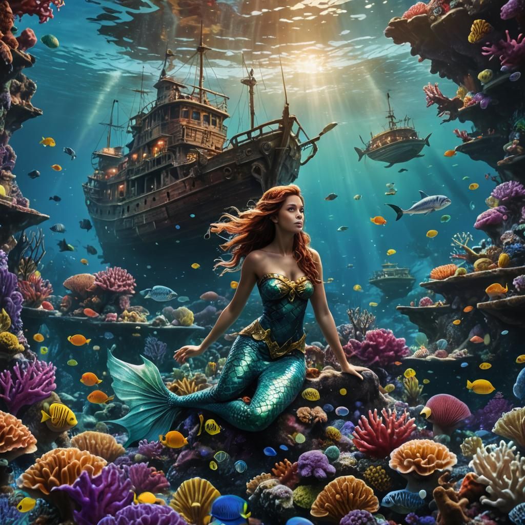 Majestic Mermaid in Bioluminescent Coral Reef
