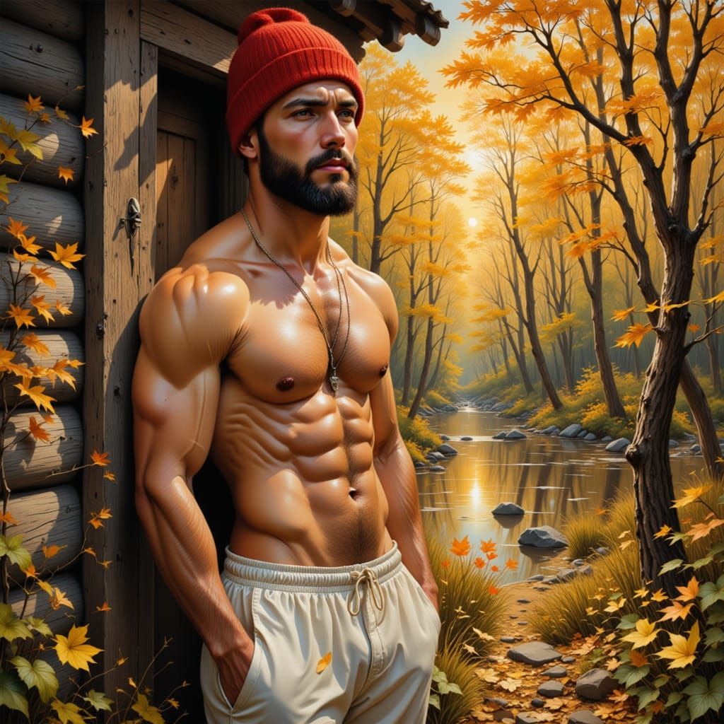 Man in Red Beanie Beside Klimt-Inspired Forest