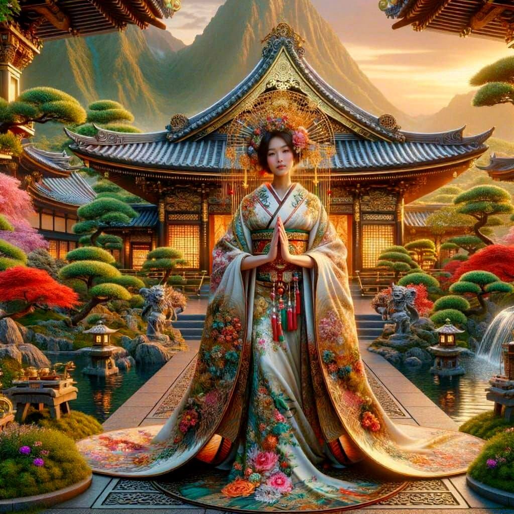 Japanese Goddess of Prosperity in Lush Garden