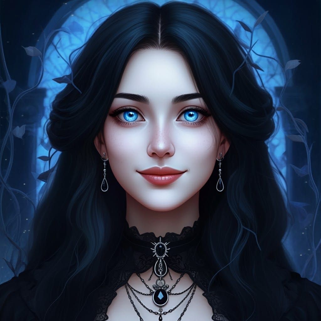 Ethereal Woman with Azure Eyes in Gothic Setting