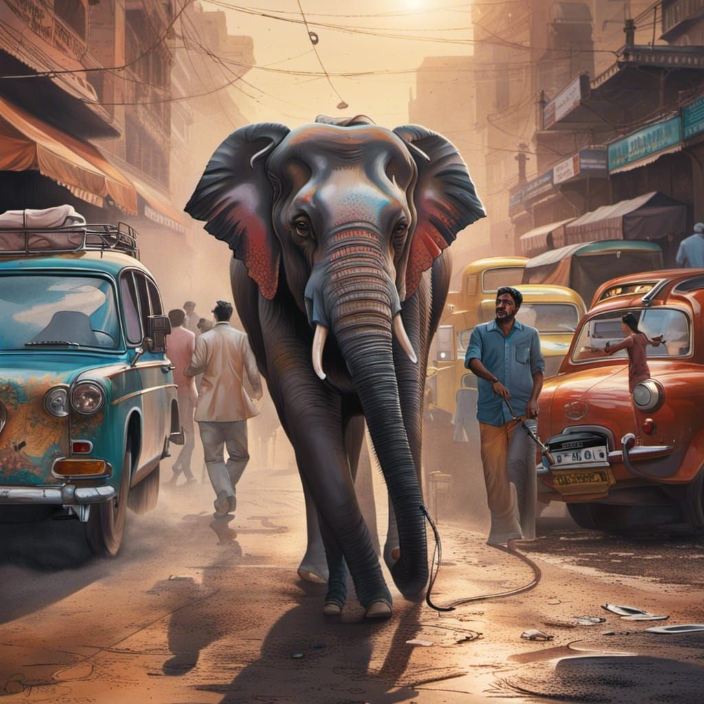 Indian Elephant in Delhi Street: Hyperrealistic Splash Art