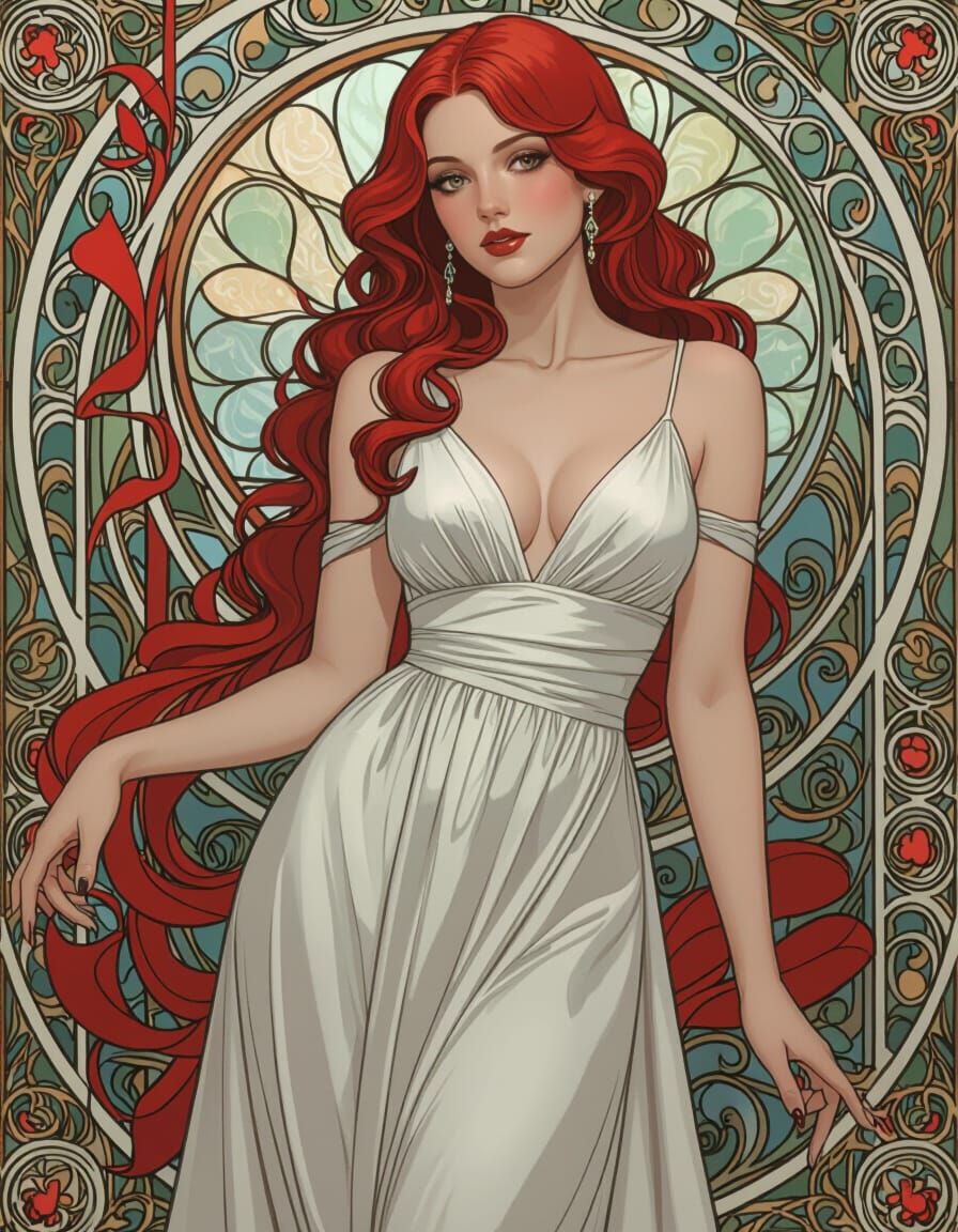 Elegant Woman in Red Dress Posing in Lavish Boudoir