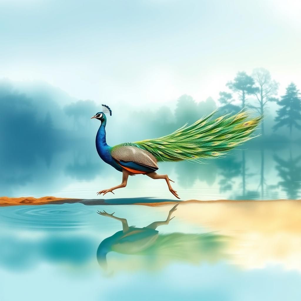 Watercolor Peacock Runs by Pond